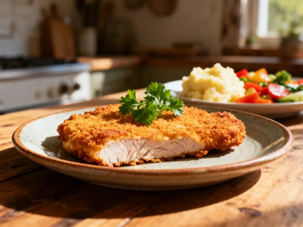 Złocisty, panierowany kotlet schabowy na talerzu, podany z purée ziemniaczanym i warzywami w domowej scenerii.