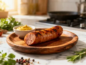 Świeżo pokrojona w plastry zielona cukinia na drewnianym stole w kuchni, podkreślająca jej zdrowy i naturalny charakter.