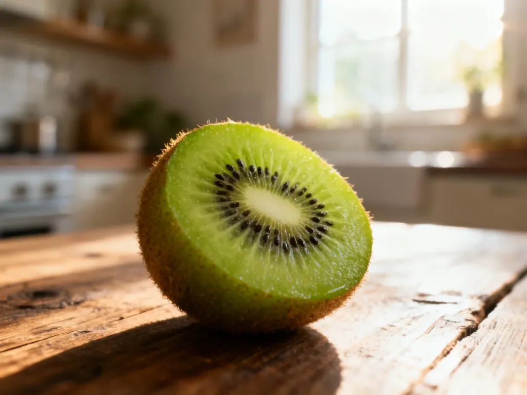 Świeży, przekrojony owoc kiwi z widocznymi czarnymi pestkami na drewnianym stole w słonecznej kuchni.