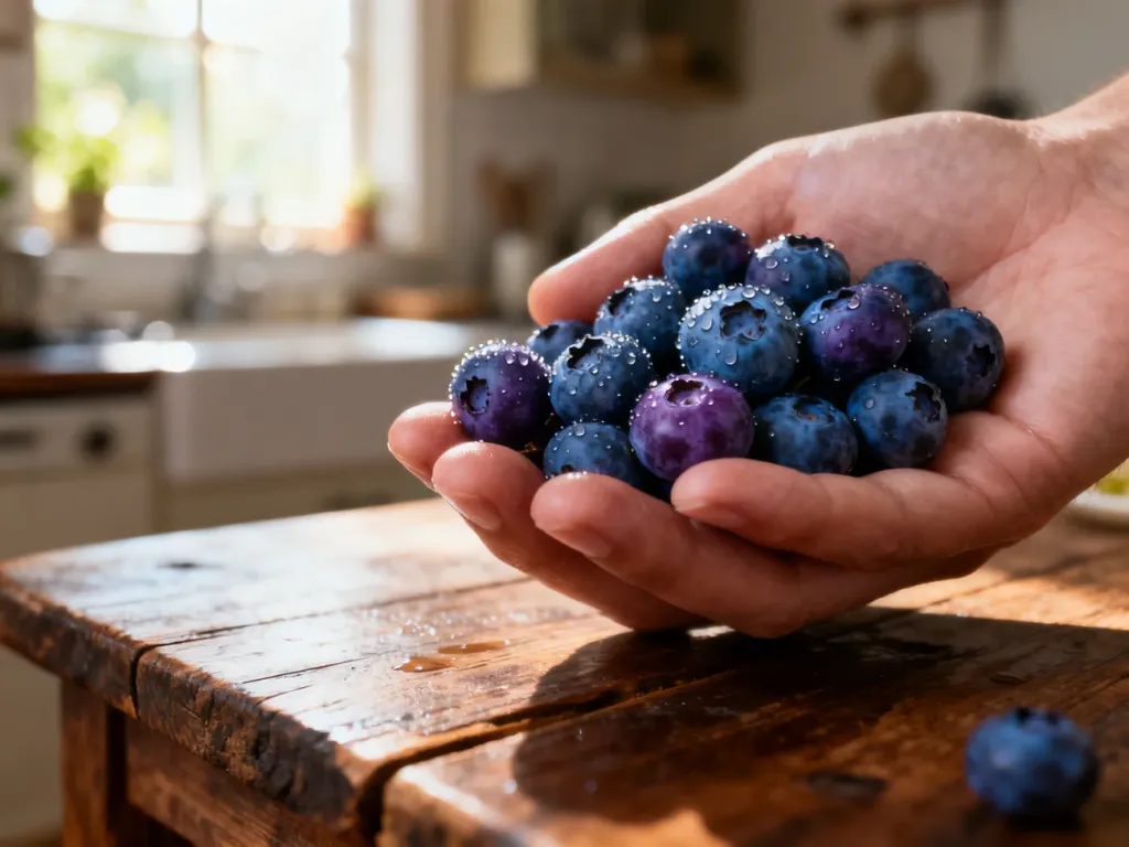 Garść świeżych borówek z kroplami rosy na drewnianym stole, podkreślająca ich naturalną świeżość i wartości odżywcze.