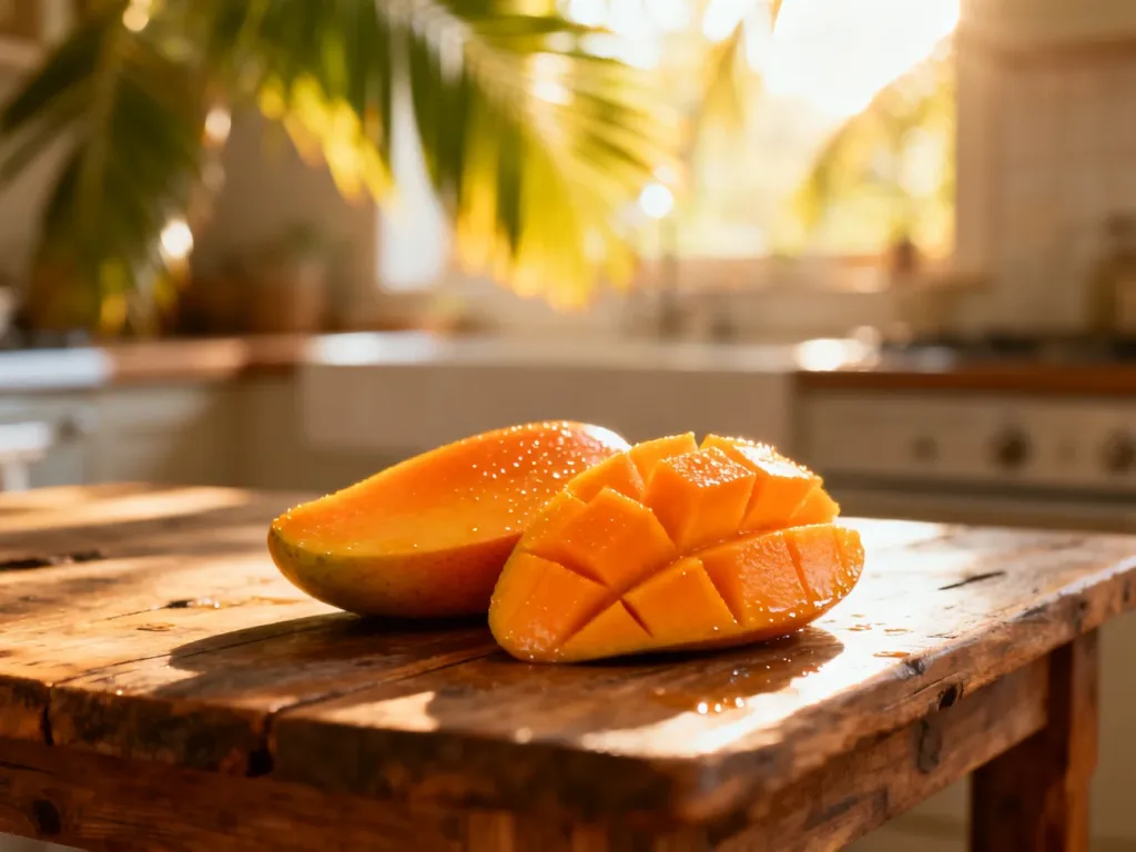 Soczyste plastry świeżego mango na drewnianym stole, podkreślające apetyczny wygląd i naturalną świeżość owocu.